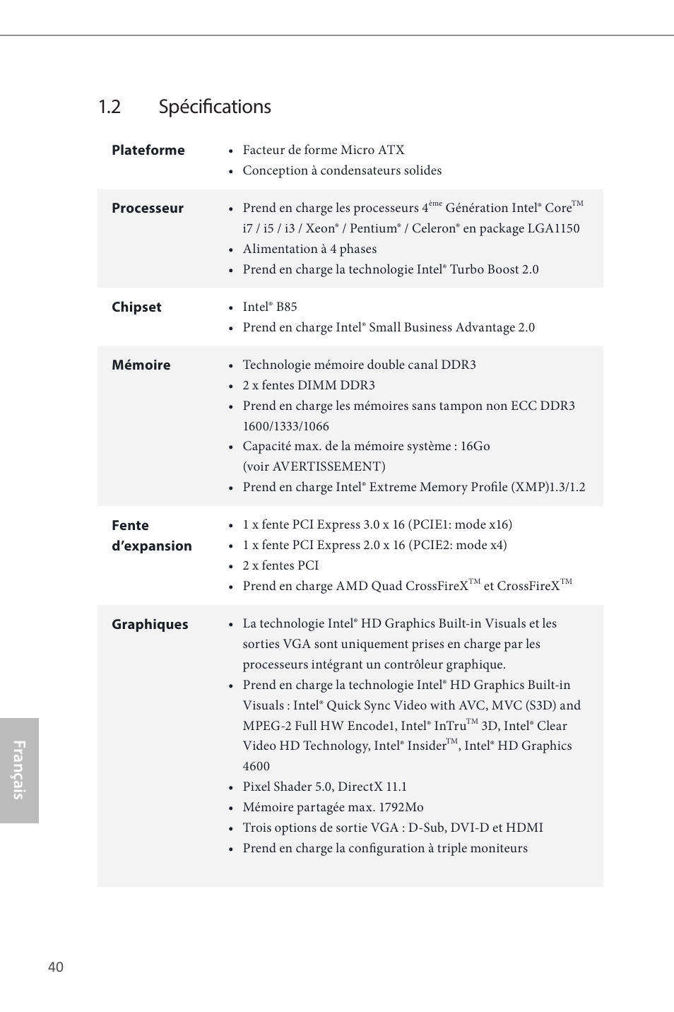 2 spécifications, Français | ASRock B85M User Manual | Page 42 / 163