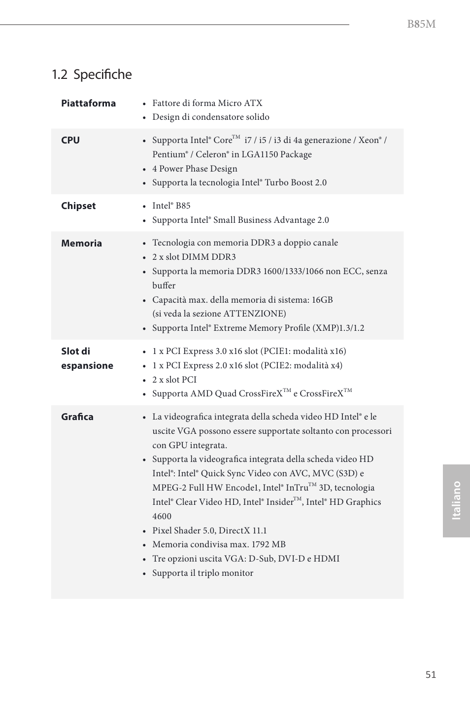 2 specifiche, B 8 5m, Italiano | ASRock B85M User Manual | Page 53 / 163