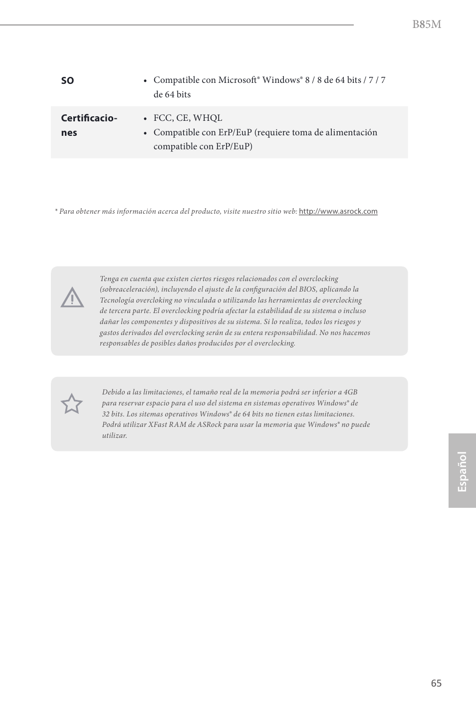 B 8 5m, Español | ASRock B85M User Manual | Page 67 / 163