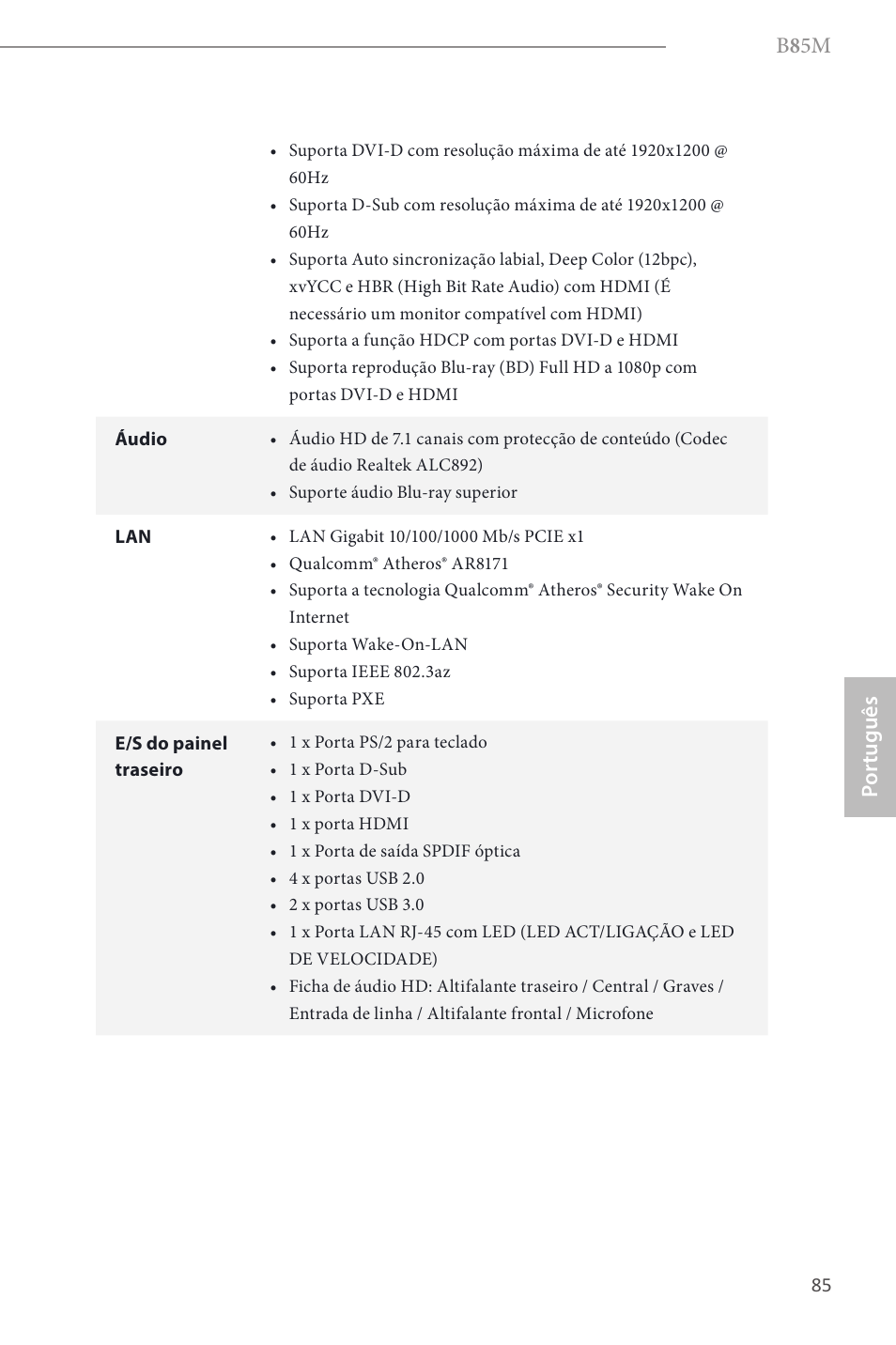 B 8 5m, Por tuguês | ASRock B85M User Manual | Page 87 / 163