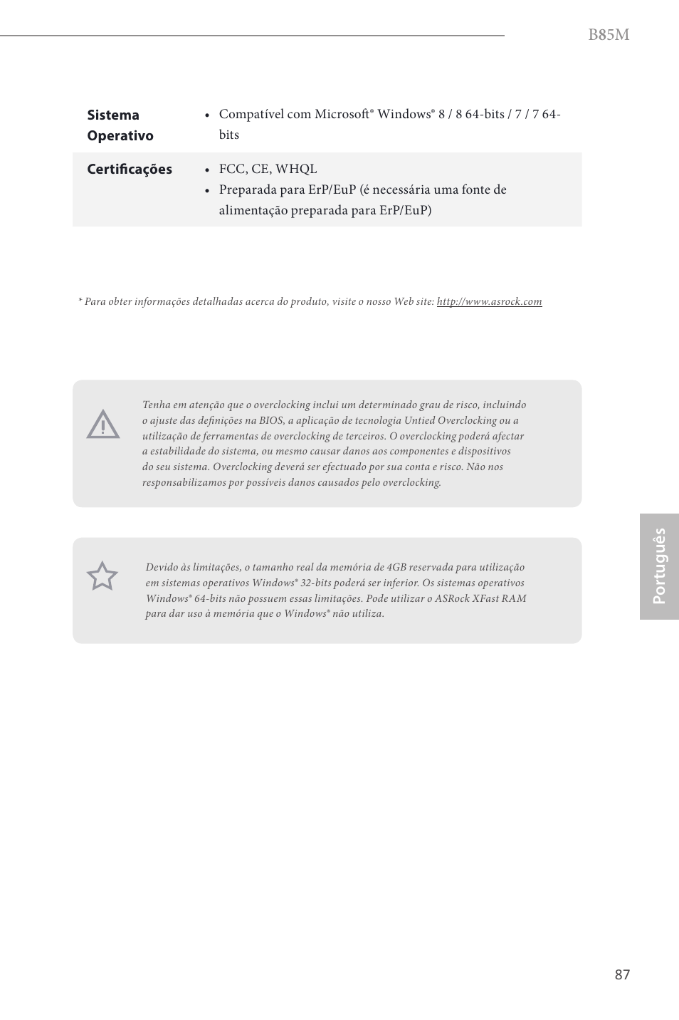 B 8 5m, Por tuguês | ASRock B85M User Manual | Page 89 / 163