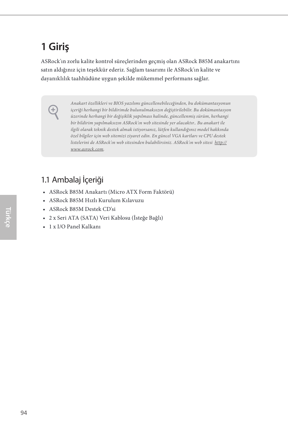 Turkish, 1 giriş, 1 ambalaj içeriği | ASRock B85M User Manual | Page 96 / 163