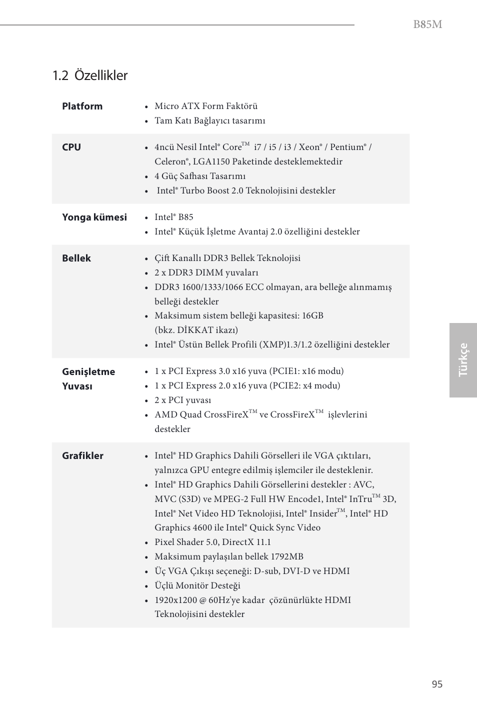 2 özellikler, B 8 5m, Türk çe | ASRock B85M User Manual | Page 97 / 163