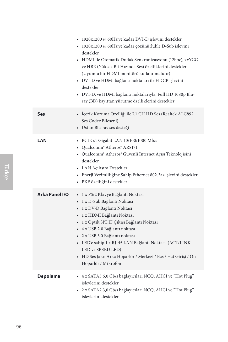 Türk çe | ASRock B85M User Manual | Page 98 / 163