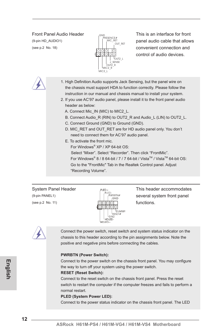 English, Panel audio cable that allows, Convenient connection and control of audio devices | System panel header this header accommodates, Several system front panel, Functions | ASRock H61M-VG4 User Manual | Page 12 / 52