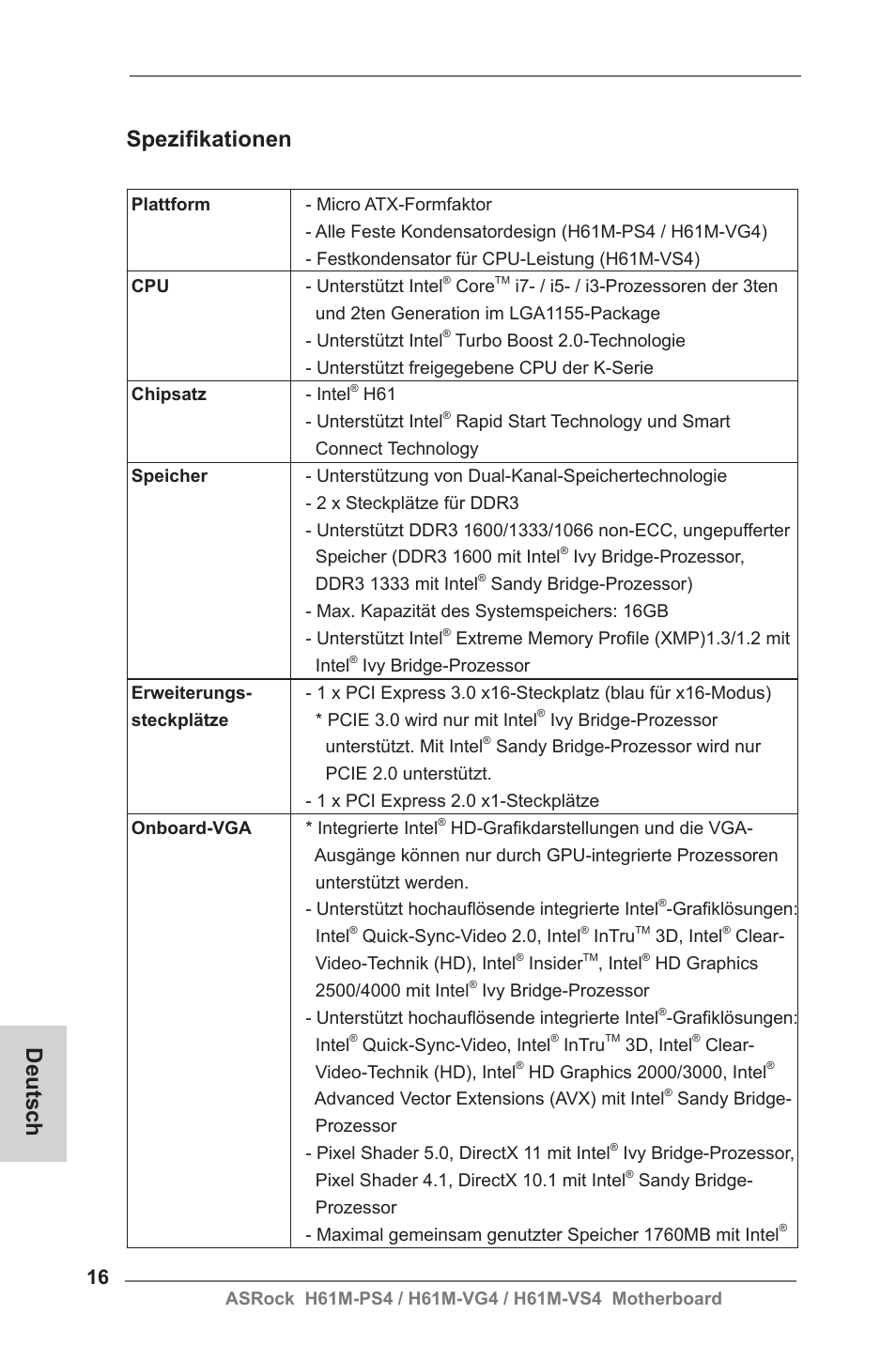 German, Spezifikationen, Deutsch | ASRock H61M-VG4 User Manual | Page 16 / 52