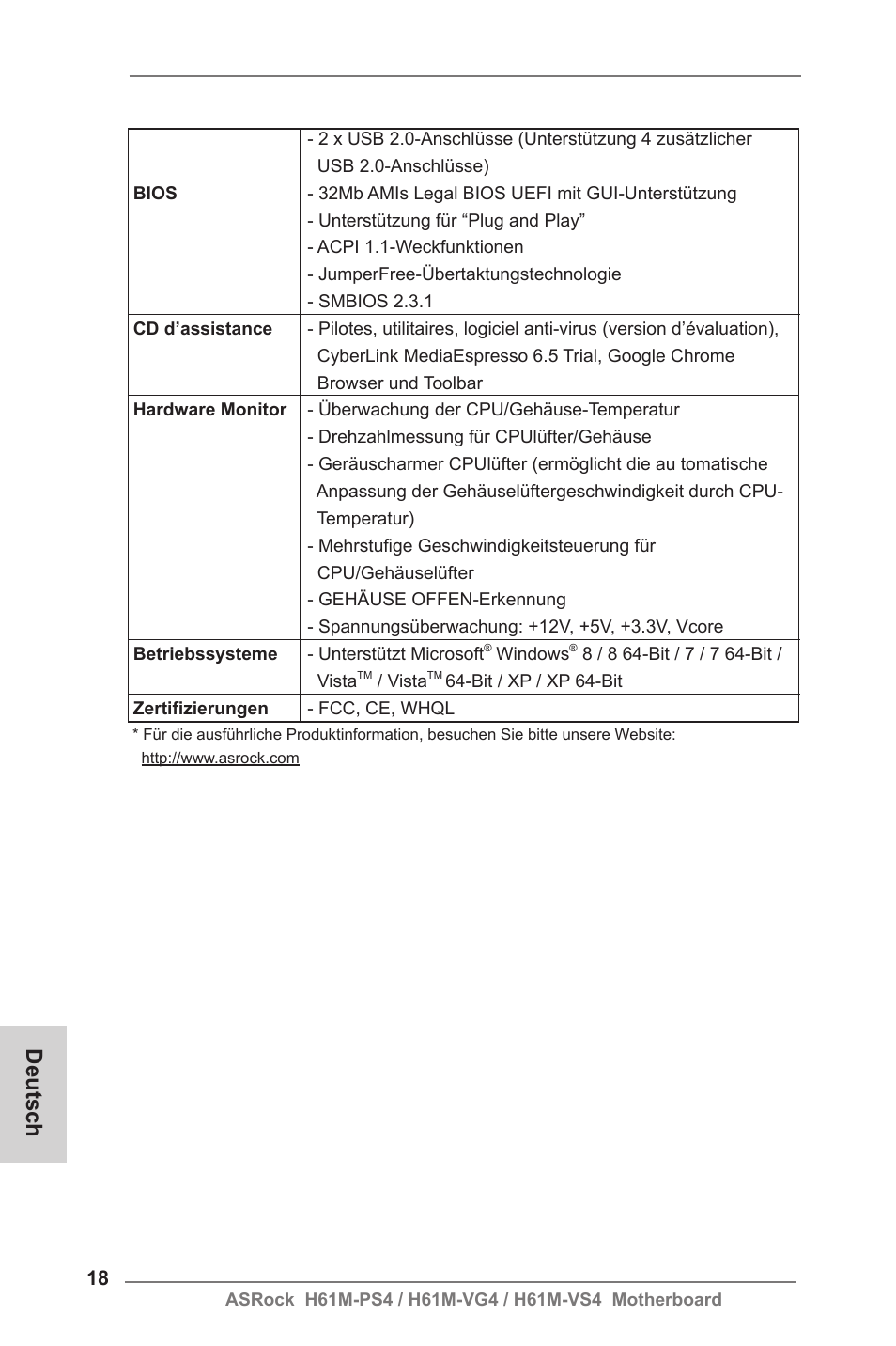Deutsch | ASRock H61M-VG4 User Manual | Page 18 / 52