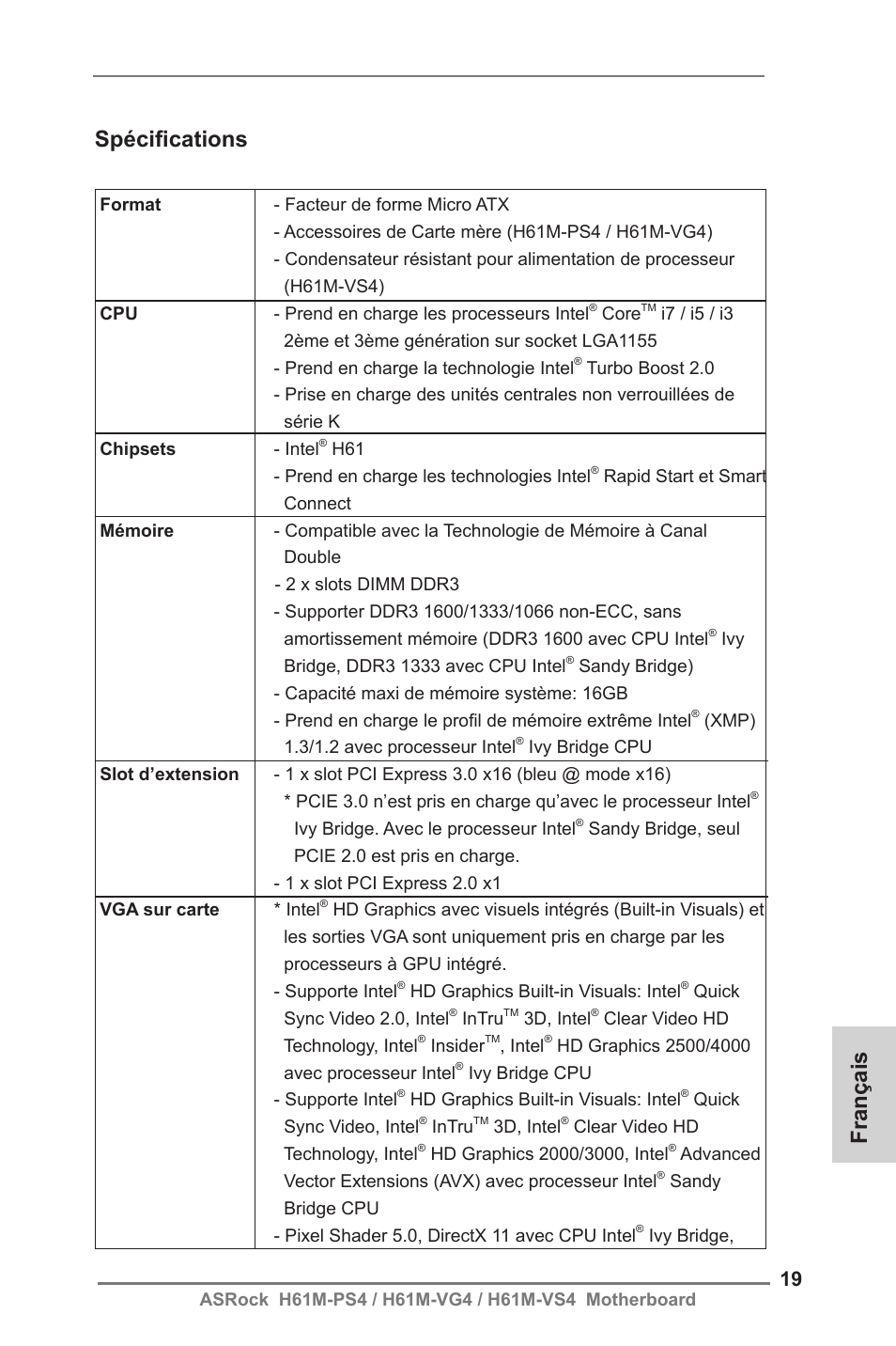 French, Français spécifications | ASRock H61M-VG4 User Manual | Page 19 / 52