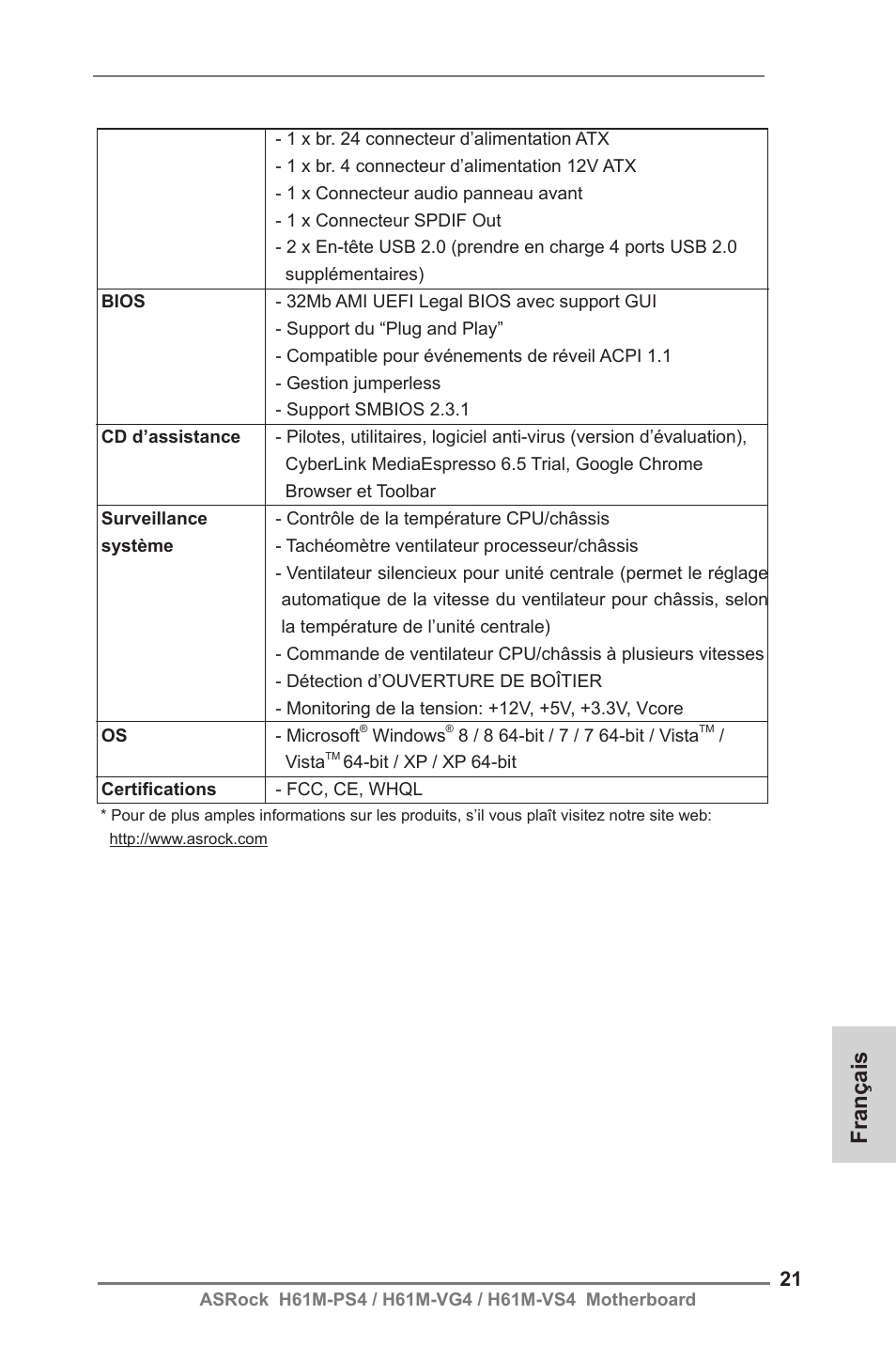 Français | ASRock H61M-VG4 User Manual | Page 21 / 52