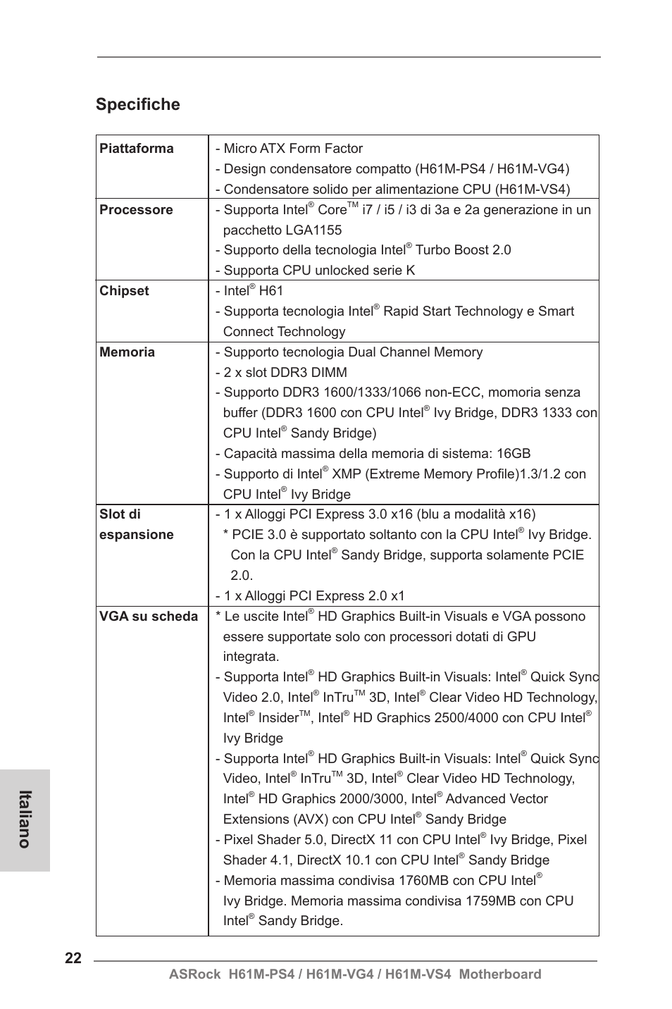 Italian, Specifiche, Italiano | ASRock H61M-VG4 User Manual | Page 22 / 52