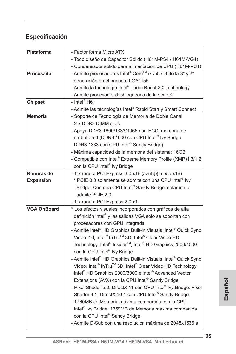 Spanish, Español especificación | ASRock H61M-VG4 User Manual | Page 25 / 52
