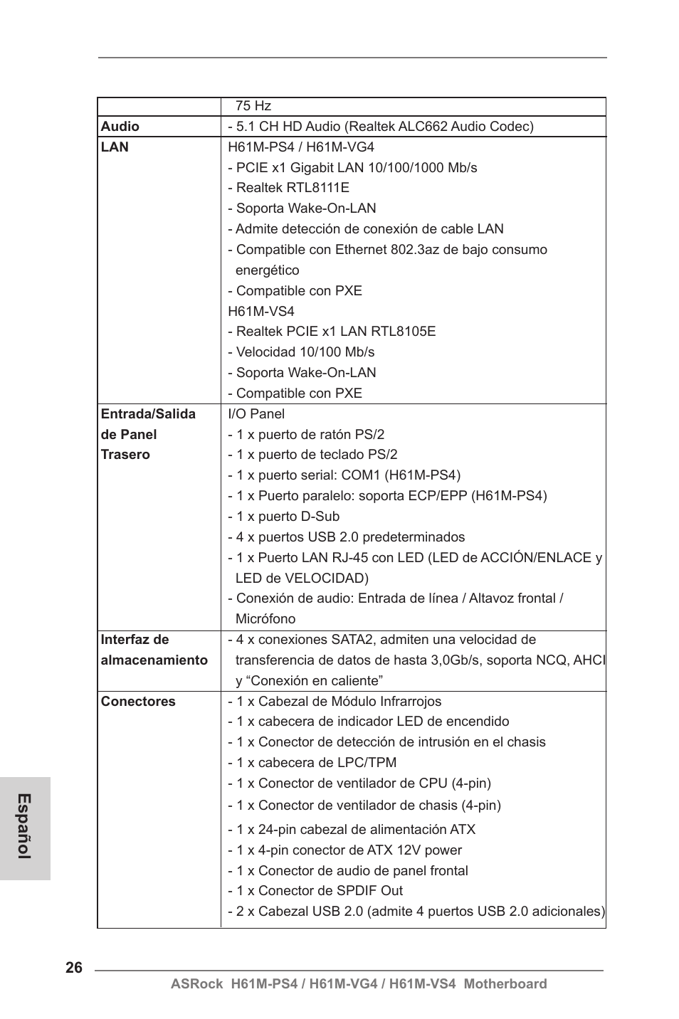 Español | ASRock H61M-VG4 User Manual | Page 26 / 52