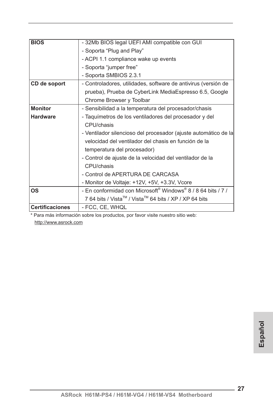 Español | ASRock H61M-VG4 User Manual | Page 27 / 52