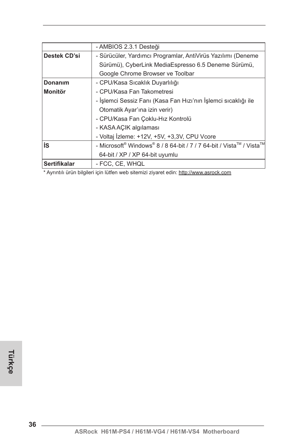 Türkçe | ASRock H61M-VG4 User Manual | Page 36 / 52