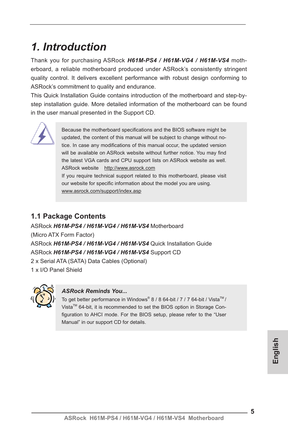 Introduction, English, 1 package contents | ASRock H61M-VG4 User Manual | Page 5 / 52