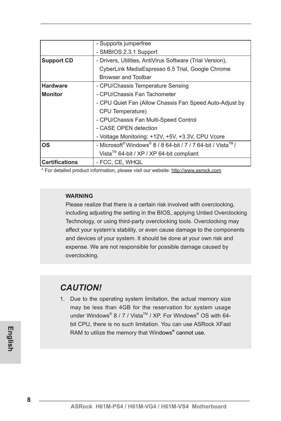 Caution, English | ASRock H61M-VG4 User Manual | Page 8 / 52