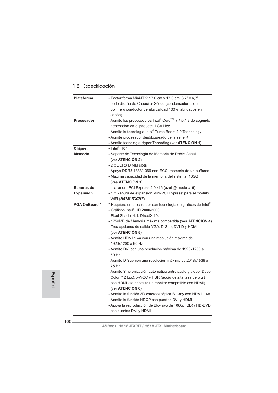 2 especificación, Español | ASRock H67M-ITX User Manual | Page 100 / 243
