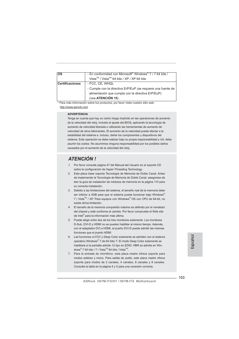 Atención, Español | ASRock H67M-ITX User Manual | Page 103 / 243