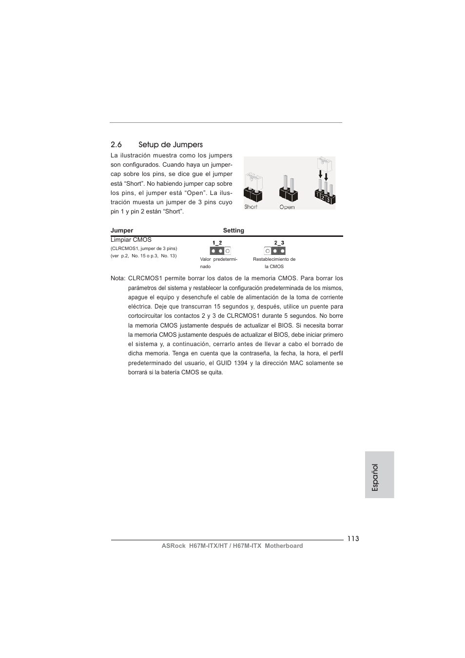 6 setup de jumpers, Español | ASRock H67M-ITX User Manual | Page 113 / 243