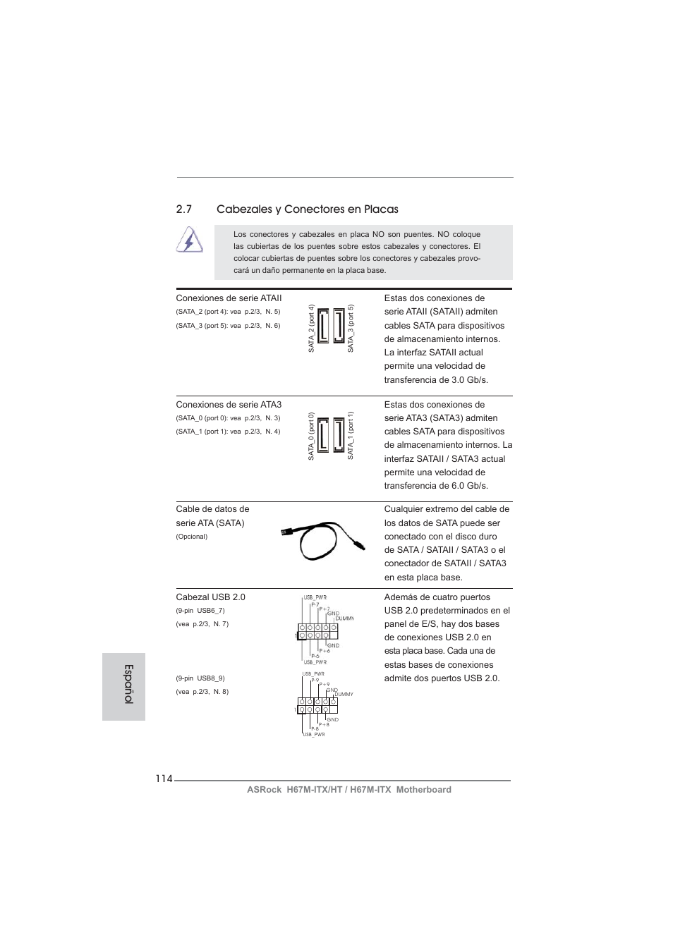 7 cabezales y conectores en placas, Español | ASRock H67M-ITX User Manual | Page 114 / 243