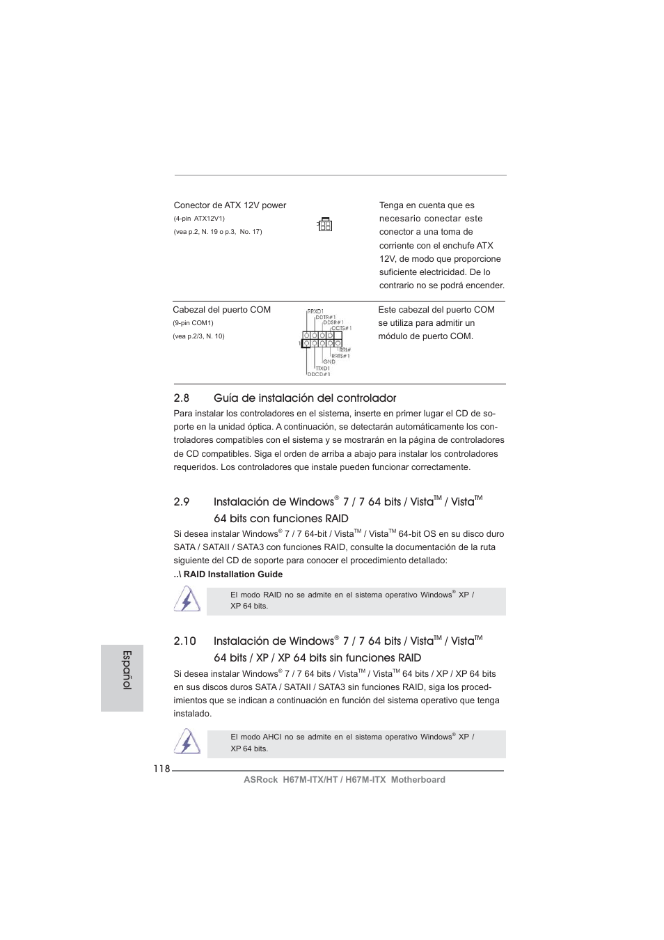Español 2.8 guía de instalación del controlador, 9 instalación de windows, 7 / 7 64 bits / vista | Vista, 64 bits con funciones raid, 10 instalación de windows, 64 bits / xp / xp 64 bits sin funciones raid | ASRock H67M-ITX User Manual | Page 118 / 243