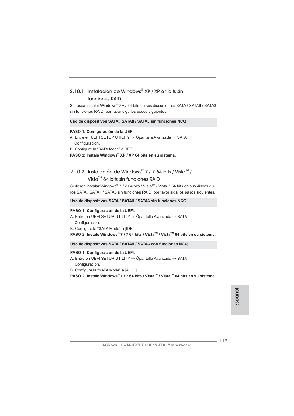 1 instalación de windows, Xp / xp 64 bits sin funciones raid, 2 instalación de windows | 7 / 7 64 bits / vista, Vista, 64 bits sin funciones raid, Español | ASRock H67M-ITX User Manual | Page 119 / 243