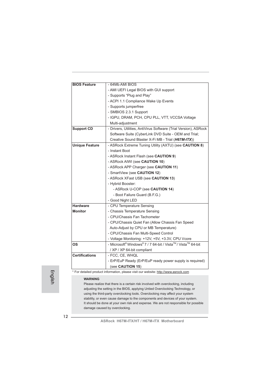 English | ASRock H67M-ITX User Manual | Page 12 / 243
