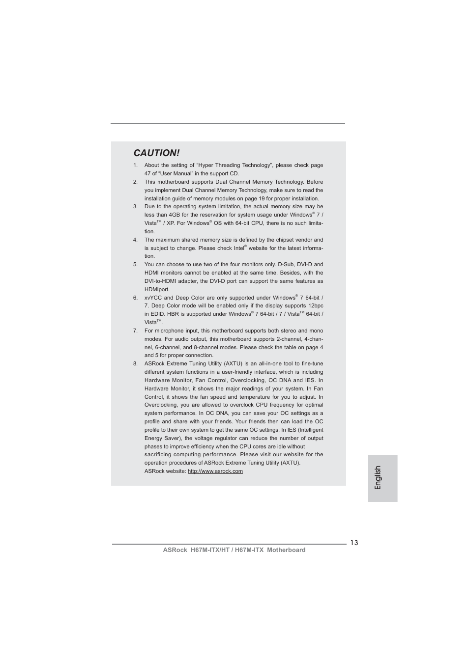 Caution, English | ASRock H67M-ITX User Manual | Page 13 / 243
