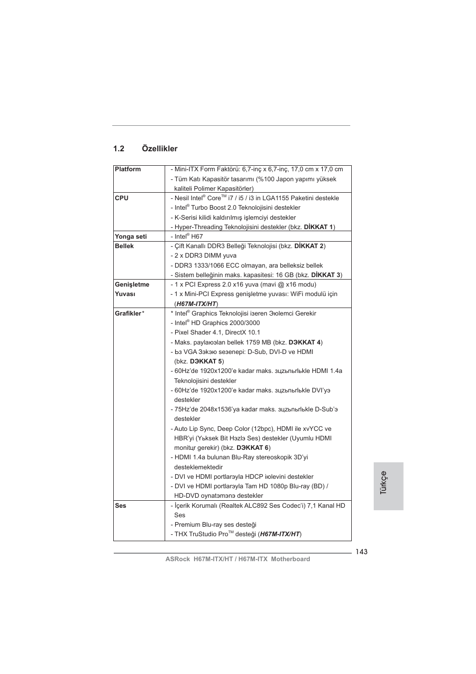 Türkçe 1.2 özellikler | ASRock H67M-ITX User Manual | Page 143 / 243