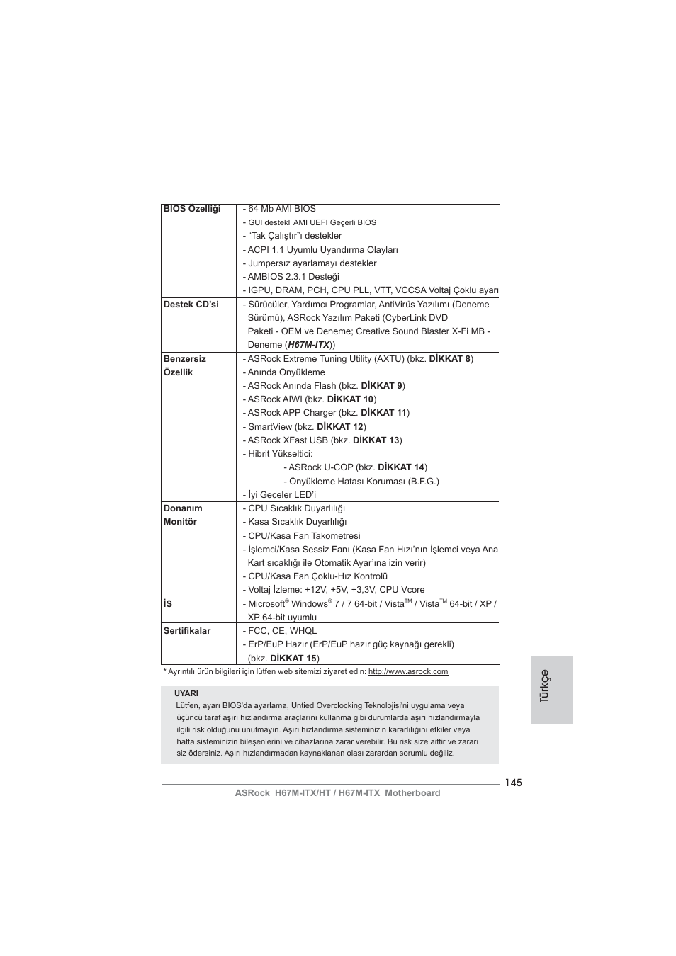 Türkçe | ASRock H67M-ITX User Manual | Page 145 / 243