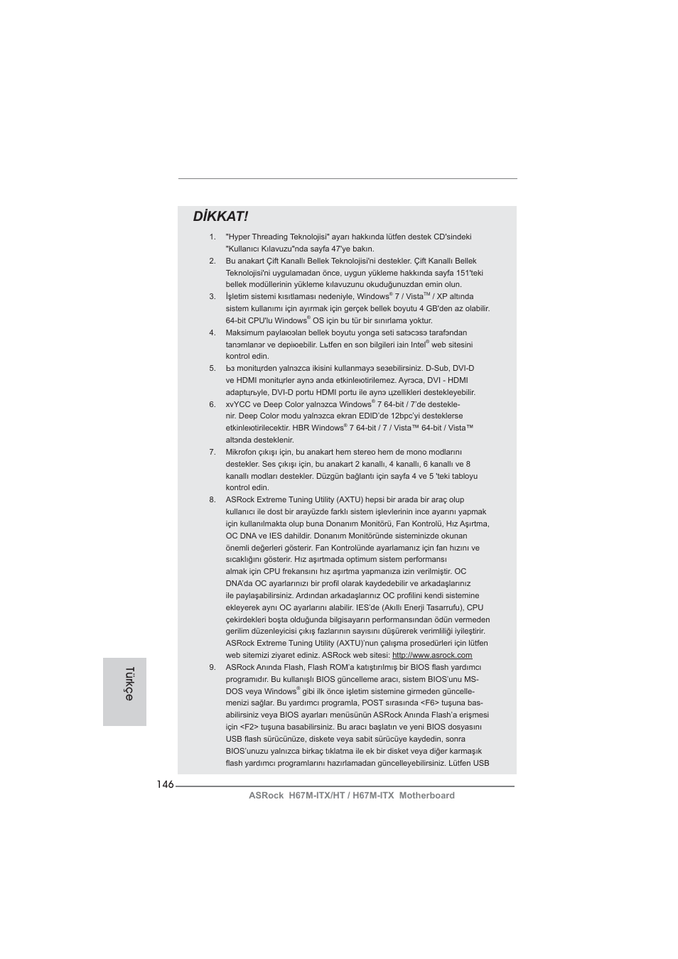 Dikkat, Türkçe | ASRock H67M-ITX User Manual | Page 146 / 243