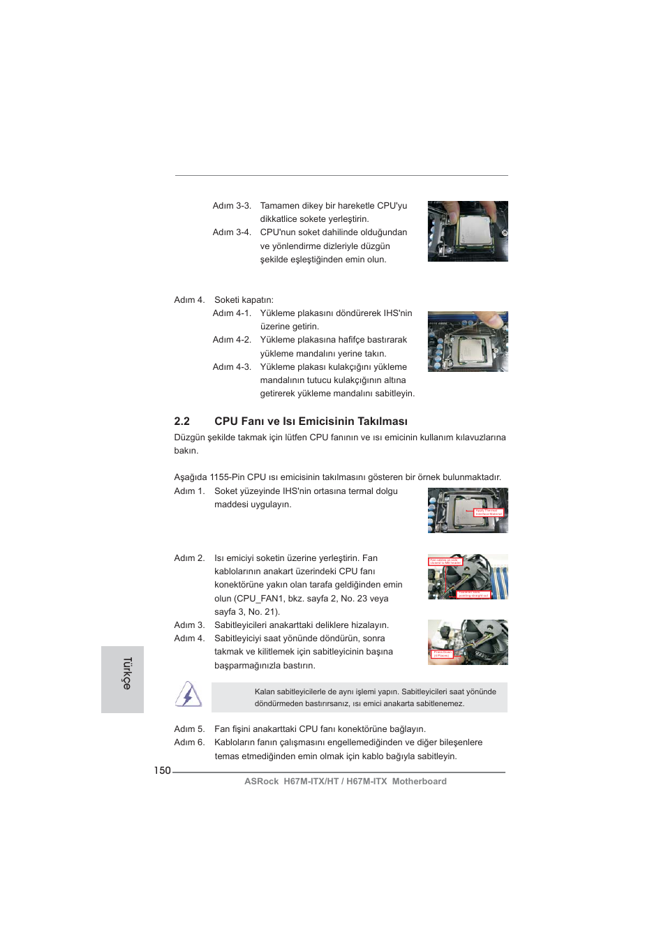 2 cpu fanı ve isı emicisinin takılması, Türkçe | ASRock H67M-ITX User Manual | Page 150 / 243