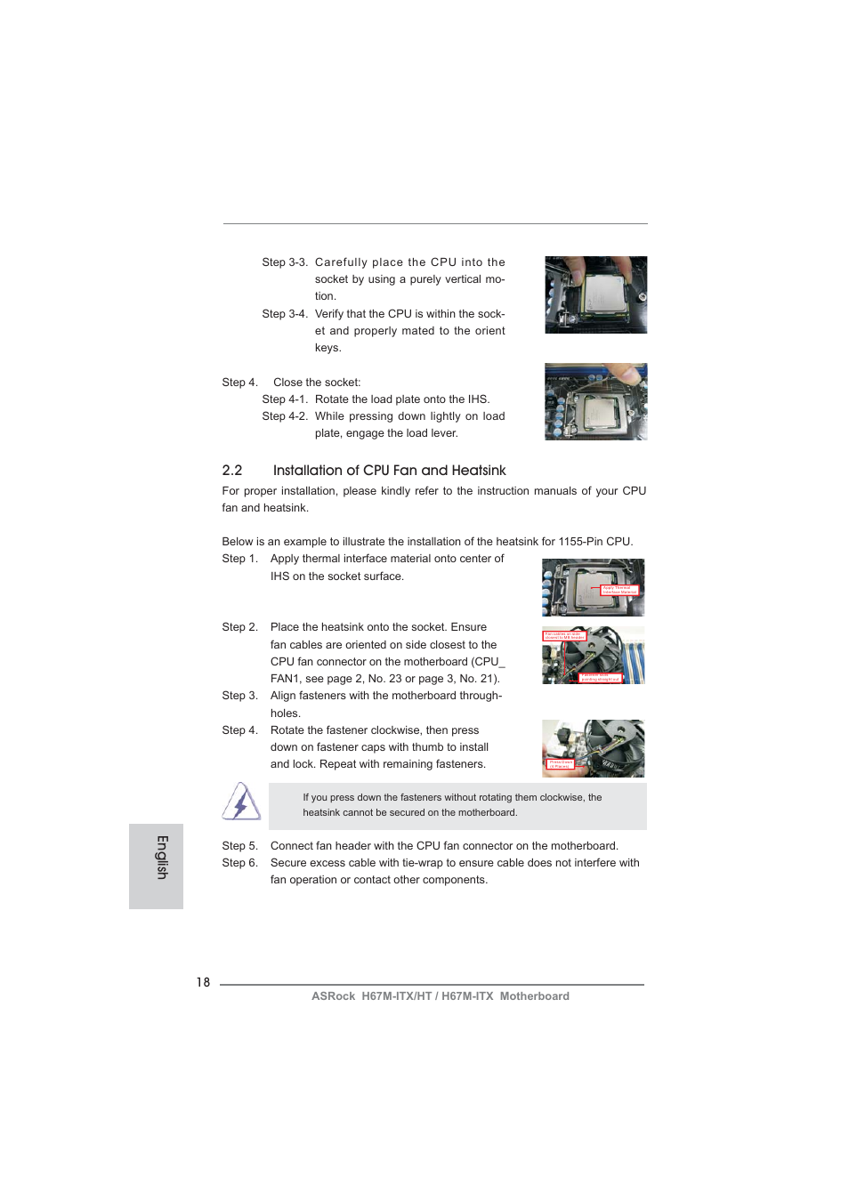 2 installation of cpu fan and heatsink, English | ASRock H67M-ITX User Manual | Page 18 / 243