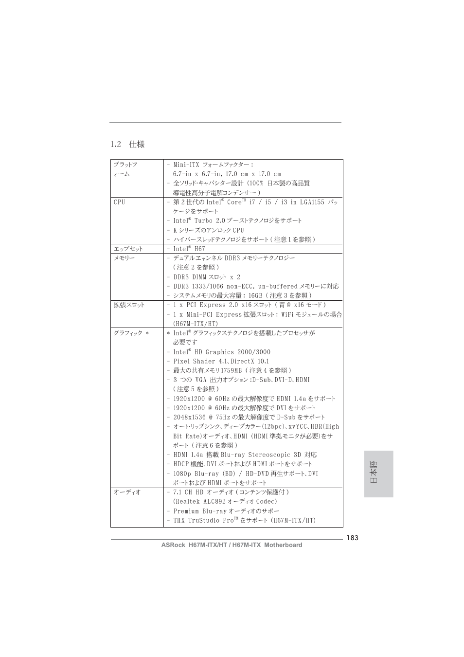 日本語 1.2 仕様 | ASRock H67M-ITX User Manual | Page 183 / 243