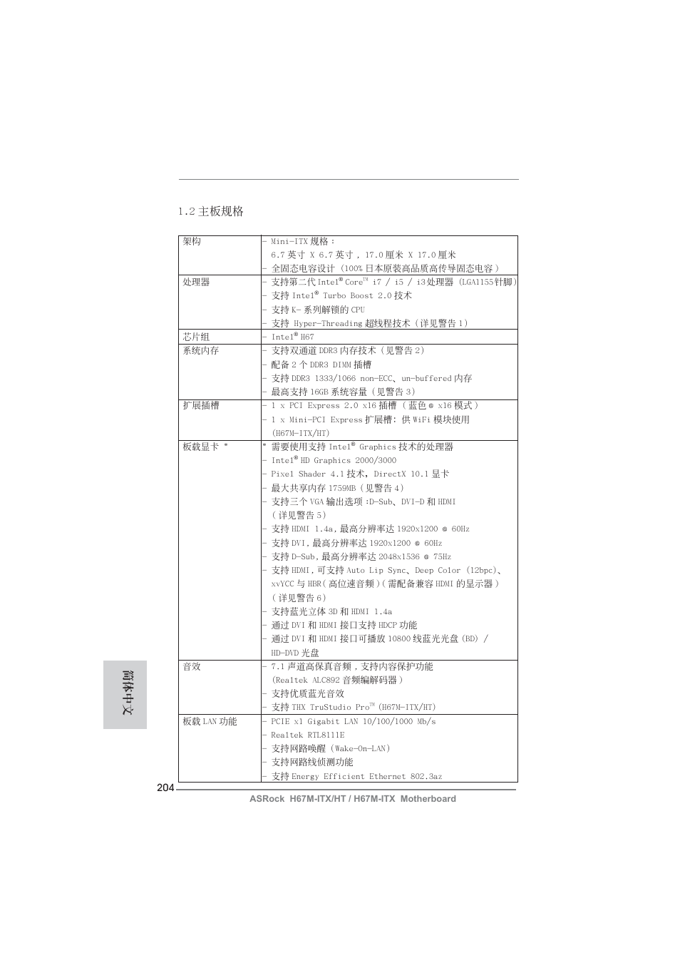 2 主板規格, 簡體中文 | ASRock H67M-ITX User Manual | Page 204 / 243