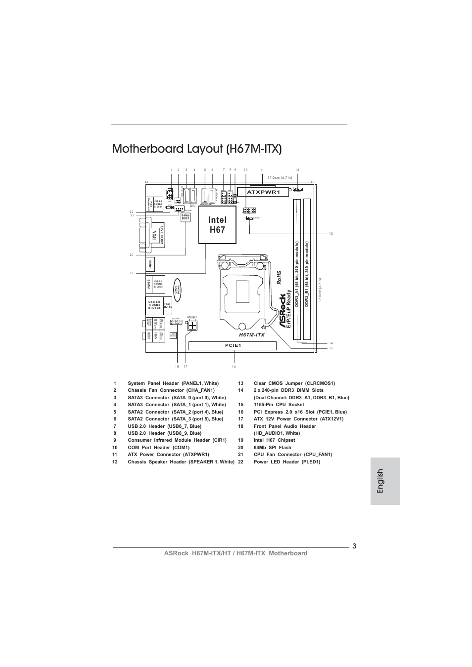 Motherboard layout (h67m-itx), Intel h67, English | Asrock h67m-itx/ht / h67m-itx motherboard, Rohs, Erp/eup ready | ASRock H67M-ITX User Manual | Page 3 / 243