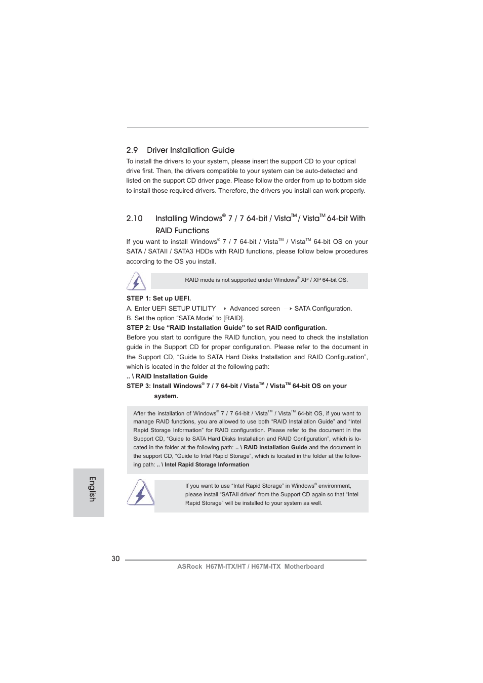 English 2.9 driver installation guide, 10 installing windows, 7 / 7 64-bit / vista | Vista, Bit with raid functions | ASRock H67M-ITX User Manual | Page 30 / 243