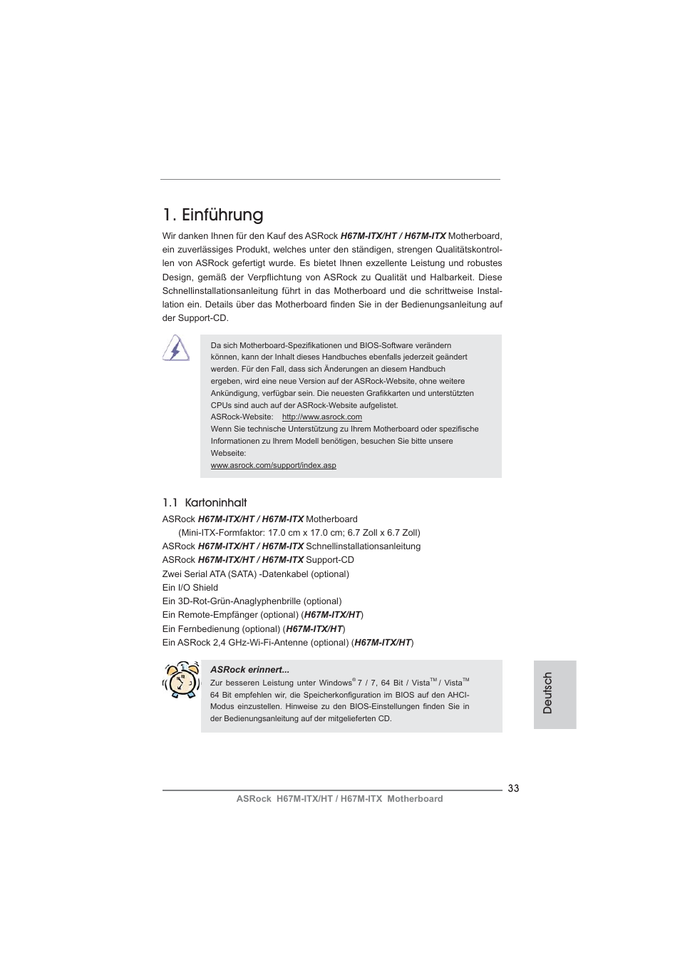 German, Einführung, Deutsch | 1 kartoninhalt | ASRock H67M-ITX User Manual | Page 33 / 243
