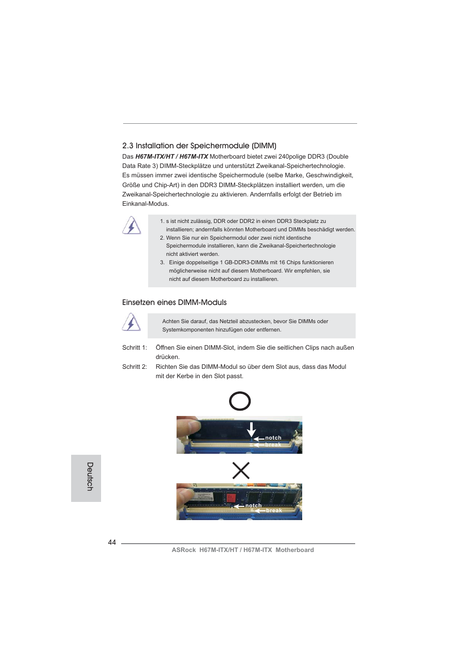 Deutsch 2.3 installation der speichermodule (dimm), Einsetzen eines dimm-moduls | ASRock H67M-ITX User Manual | Page 44 / 243