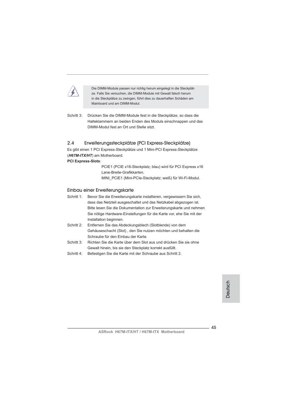 Einbau einer erweiterungskarte, Deutsch | ASRock H67M-ITX User Manual | Page 45 / 243