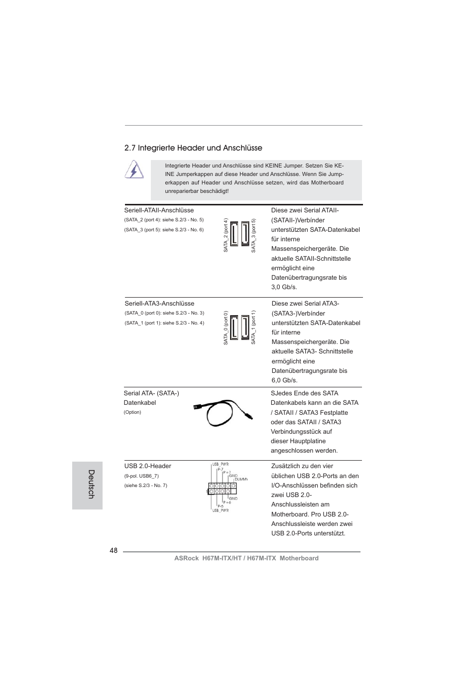 7 integrierte header und anschlüsse, Deutsch | ASRock H67M-ITX User Manual | Page 48 / 243