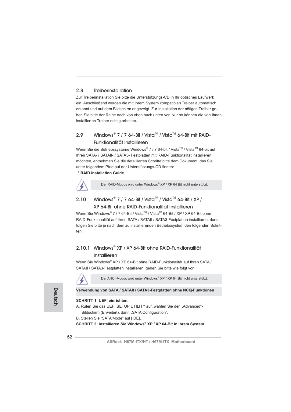 8 treiberinstallation, 10 windows, 7 / 7 64-bit / vista | Vista, 9 windows, Bit mit raid- funktionalität installieren, Deutsch 2.10.1 windows | ASRock H67M-ITX User Manual | Page 52 / 243