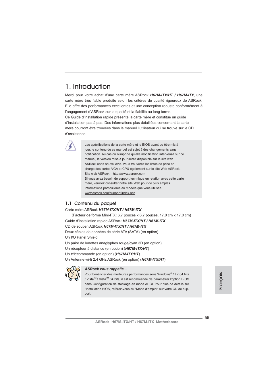 French, Introduction, 1 contenu du paquet | Français | ASRock H67M-ITX User Manual | Page 55 / 243