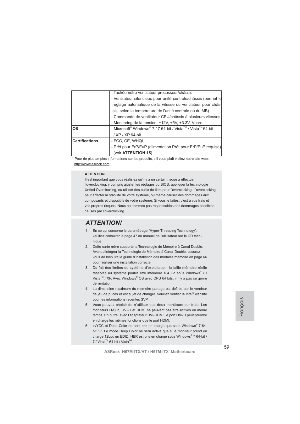 Attention, Français | ASRock H67M-ITX User Manual | Page 59 / 243