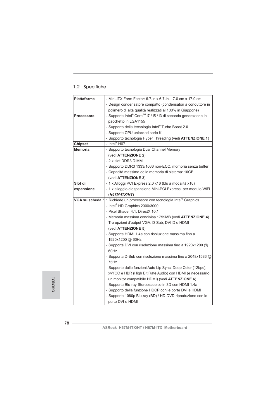 2 specifiche, Italiano | ASRock H67M-ITX User Manual | Page 78 / 243