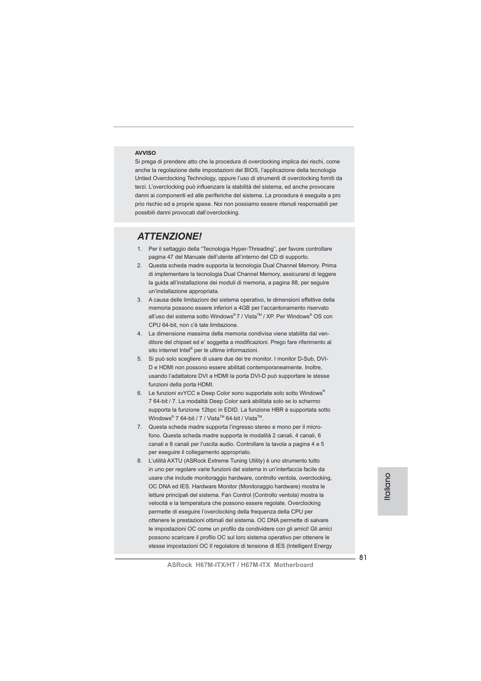 Attenzione, Italiano | ASRock H67M-ITX User Manual | Page 81 / 243