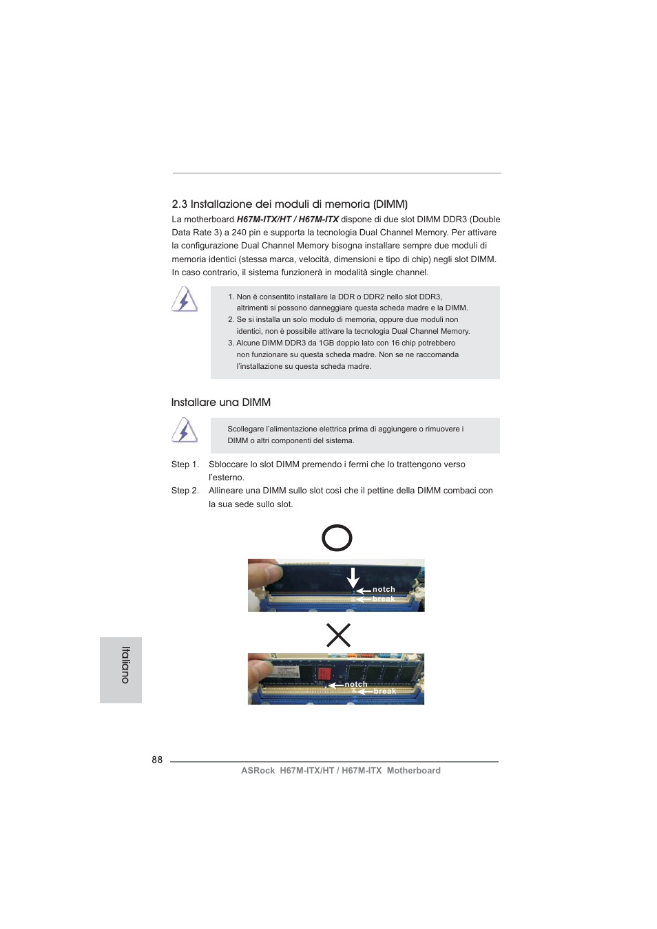 Installare una dimm | ASRock H67M-ITX User Manual | Page 88 / 243