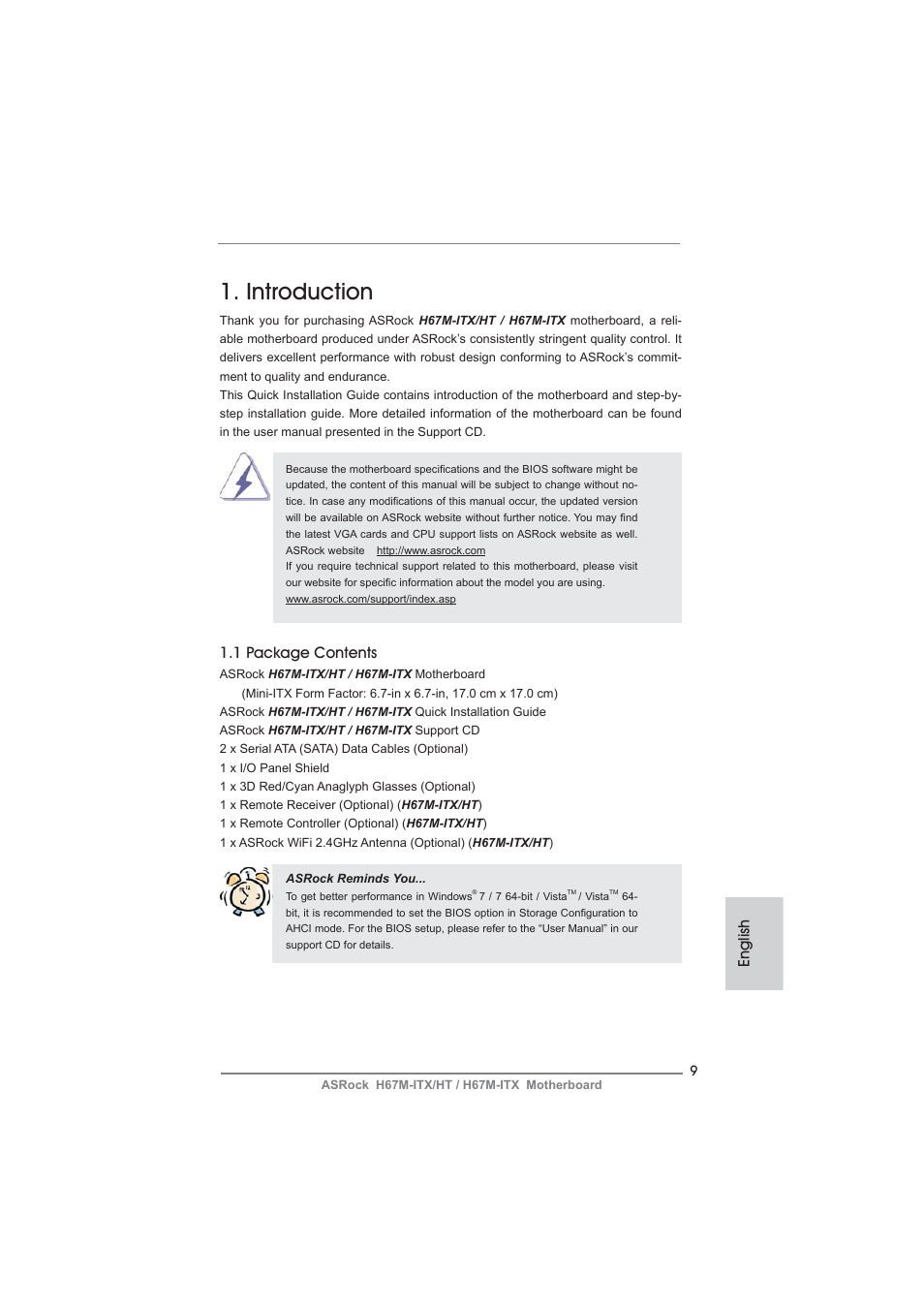 Introduction, 1 package contents, English | ASRock H67M-ITX User Manual | Page 9 / 243