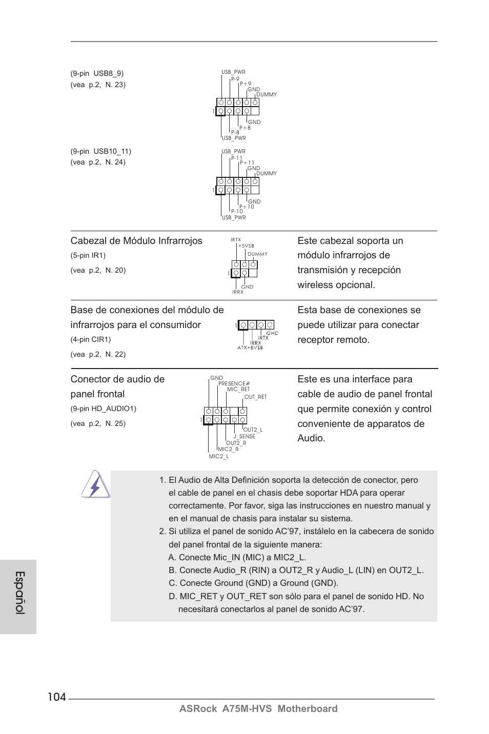 Español, Módulo infrarrojos de, Que permite conexión y control | Conveniente de apparatos de audio, Receptor remoto | ASRock A75M-HVS User Manual | Page 104 / 232