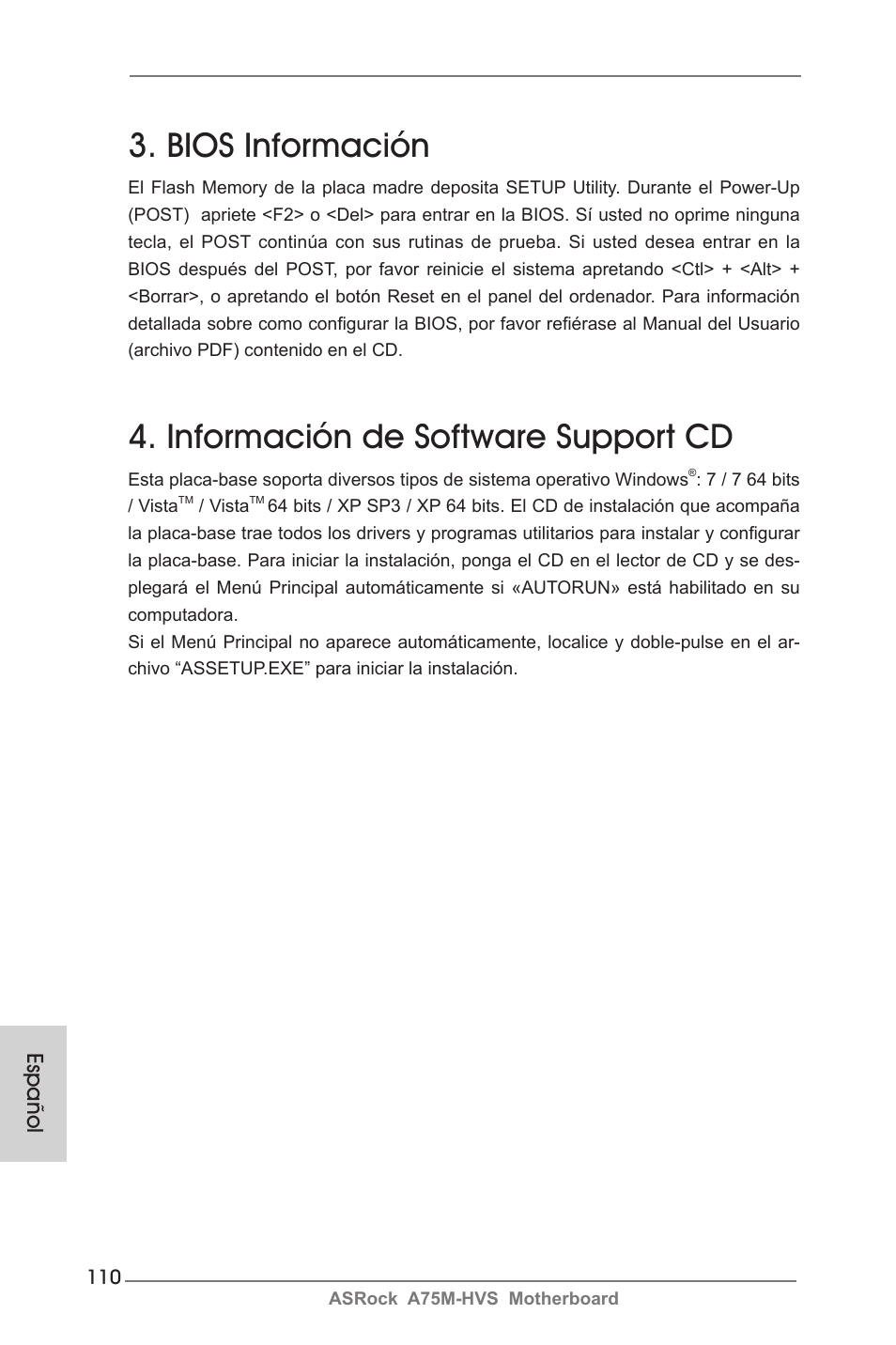 Bios información, Información de software support cd, Español | ASRock A75M-HVS User Manual | Page 110 / 232